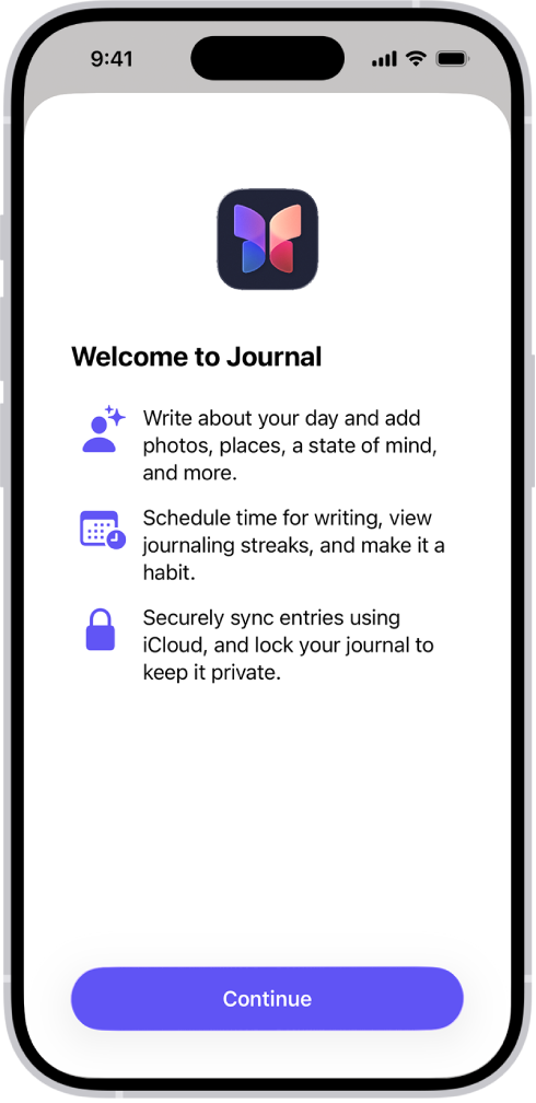 The welcome screen for the Journal app.