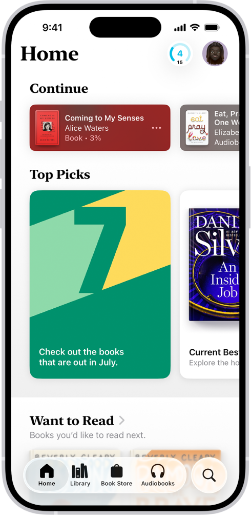 The Home screen in the Books app. At the bottom of the screen are, from left to right, the Home, Library, Book Store, Audiobooks, and Search tabs. The Home tab is selected.