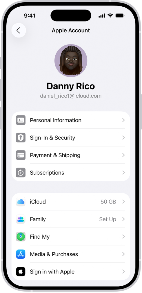 The Apple Account Settings shown with a list of options including personal information, subscriptions, Find My, and more.