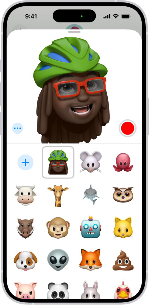 The Memoji pane in Messages. At the top, an animated Memoji reflects the user’s facial expression. A record button appears to the right of the animated Memoji. In the bottom of the screen are other options for Memoji, along with a button to add a new Memoji.