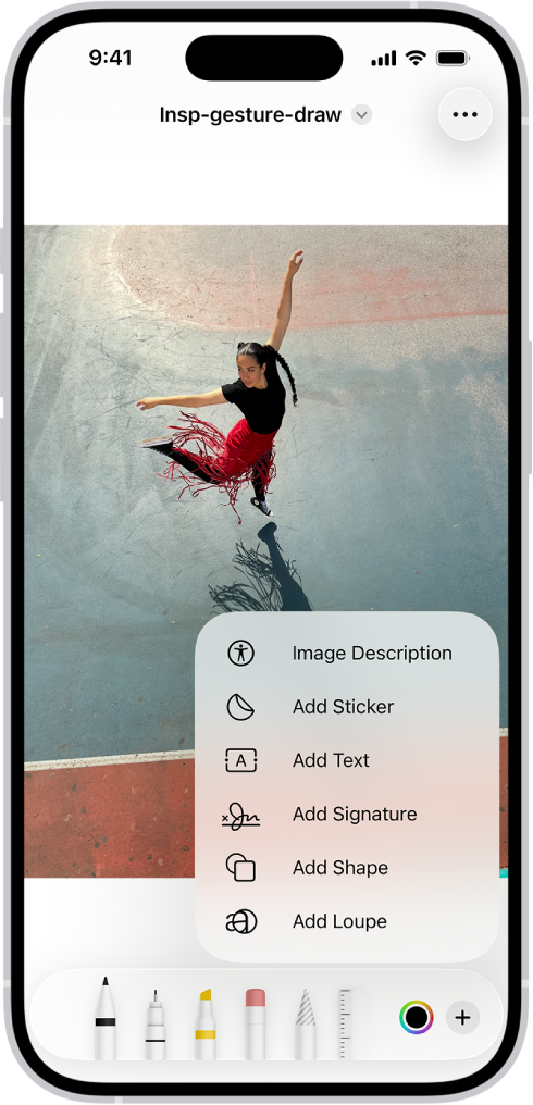 The Markup toolbar is open at the bottom of a note in the Notes app and the Add button in the bottom-right corner of the screen is selected. The following options are available in the Add menu: Add Sticker, Add Text, Add Signature, and Add Shape.