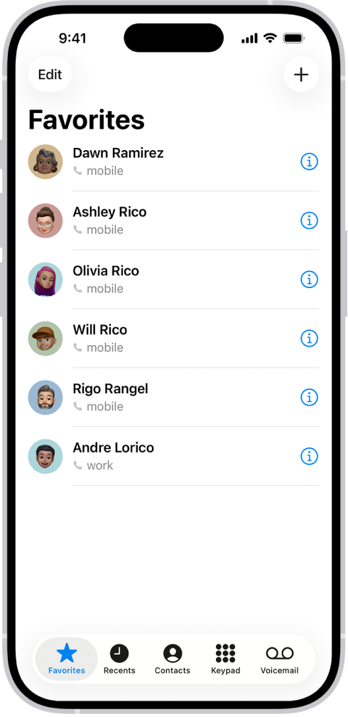 The Favorites screen in the Contacts app; six contacts are listed as favorites.