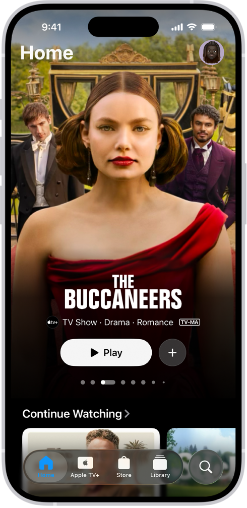 The Home tab showing a featured Apple Original in the center, above the Continue Watching row. At the bottom, from left to right, are the Home, Apple TV+, Store, Library, and Search tabs.