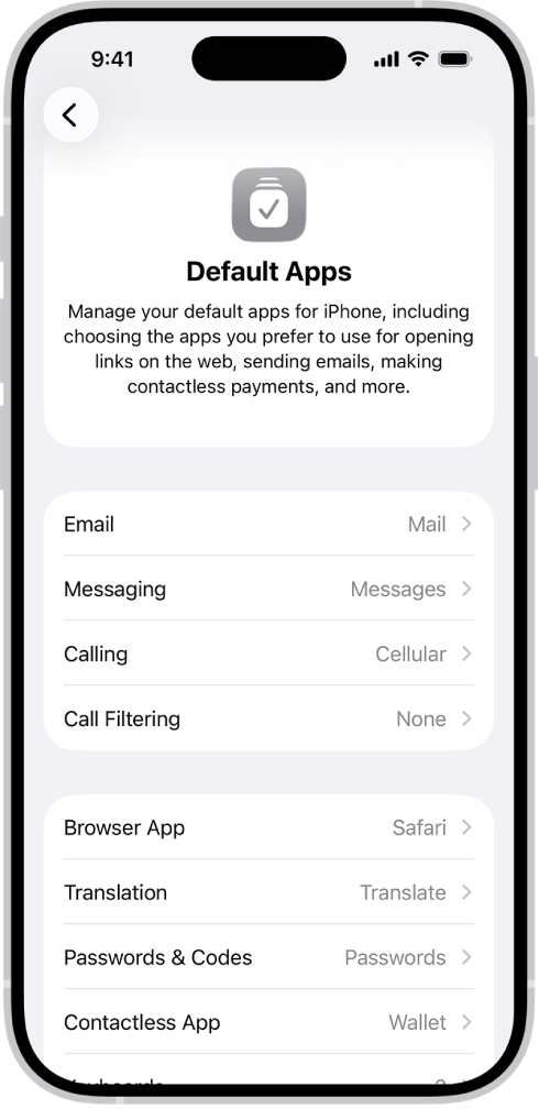 The screen for changing your default apps for sending email, browsing the web, and more.