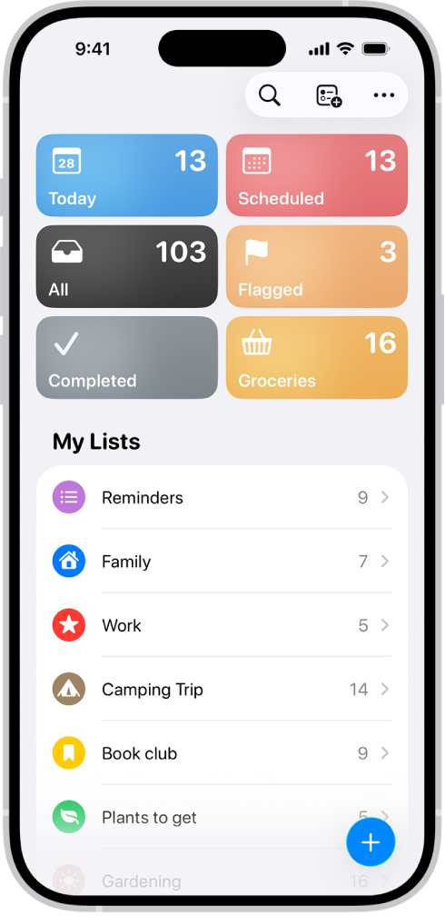 A Reminders screen showing a grid of Smart Lists, such as Today, Scheduled, and Flagged, each showing the number of items. Under the heading 'My Lists,' shows a list of custom reminder categories like Family, Work, and Camping Trip.