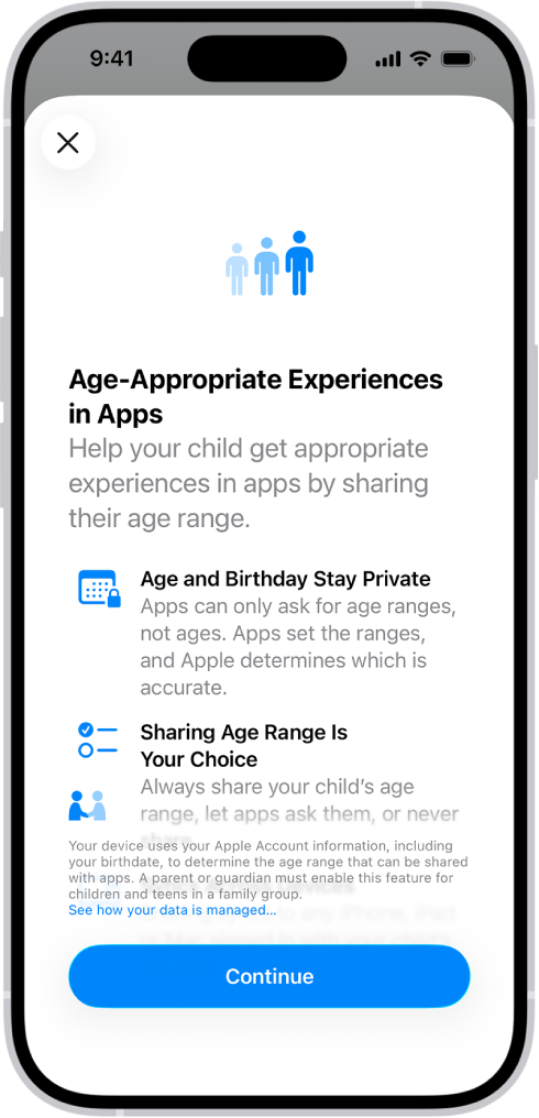 The Age-Appropriate Experiences in Apps screen in Settings. The screen explains that apps can only ask for age ranges, not specific ages or birthdays, and that users choose whether to share age-range information.
