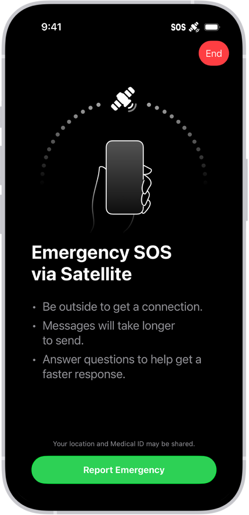 The Emergency SOS screen, showing that the phone is connected and instructing the user to keep pointing at the satellite. The Report Emergency button is at the bottom of the screen.