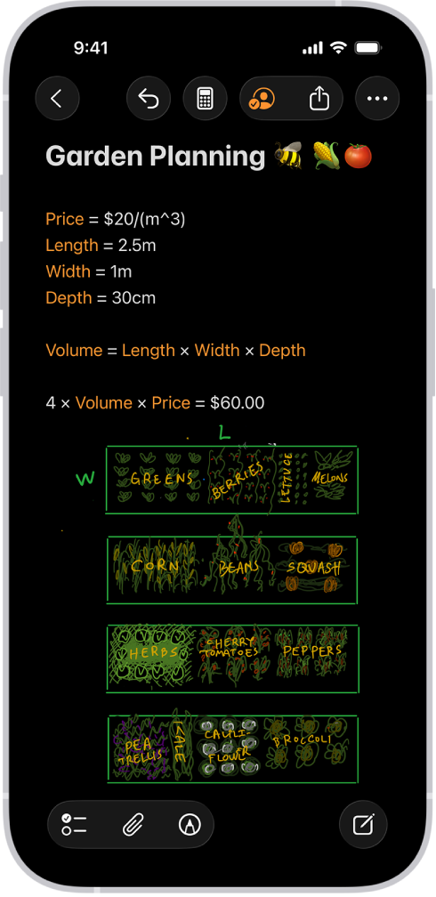 A Math Note open in Calculator, with declared variables, equations, and a drawing of the math problem.