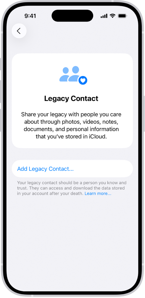 The Add Recovery Contact screen showing suggested contacts to select as a recovery contact, and the option to choose someone else.