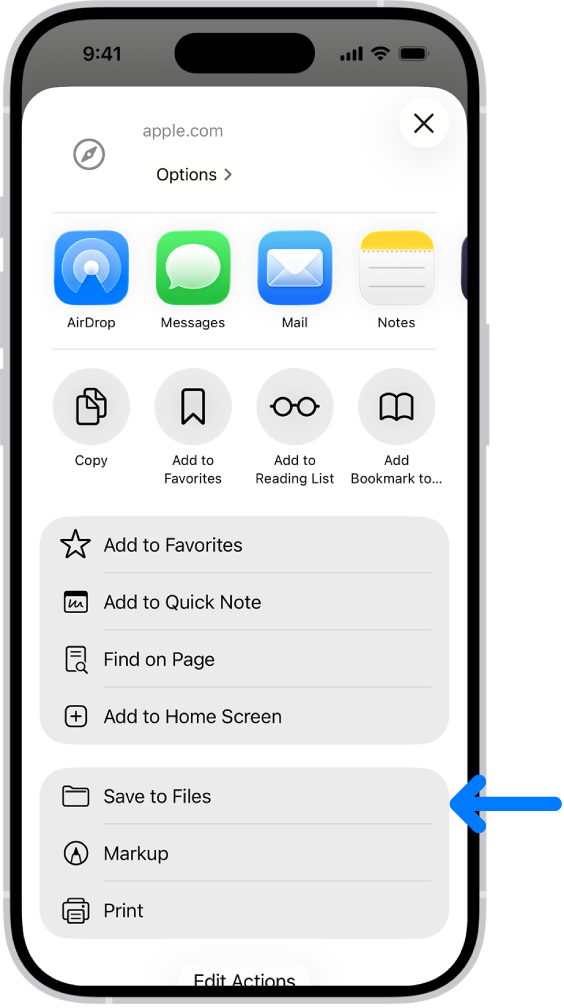In Safari, the Share button on a PDF has been tapped, revealing a list of options including Save to Files near the bottom of the screen.