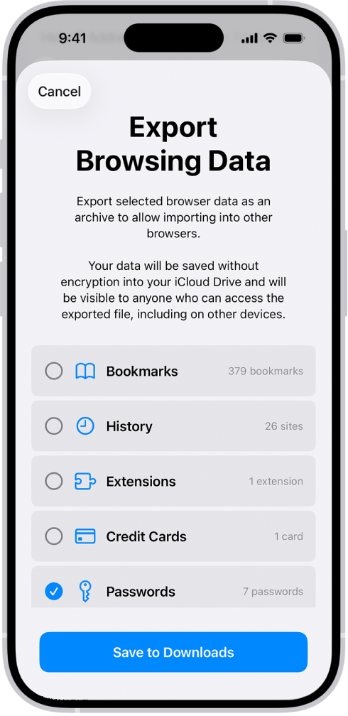 The Export Browsing Data screen, with the Passwords option selected for export to another password manager.
