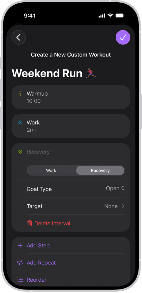 The Fitness Custom Workout screen showing warmup, work, and recovery intervals. At the bottom of the screen are buttons to add a step, repeat an interval, and reorder intervals.