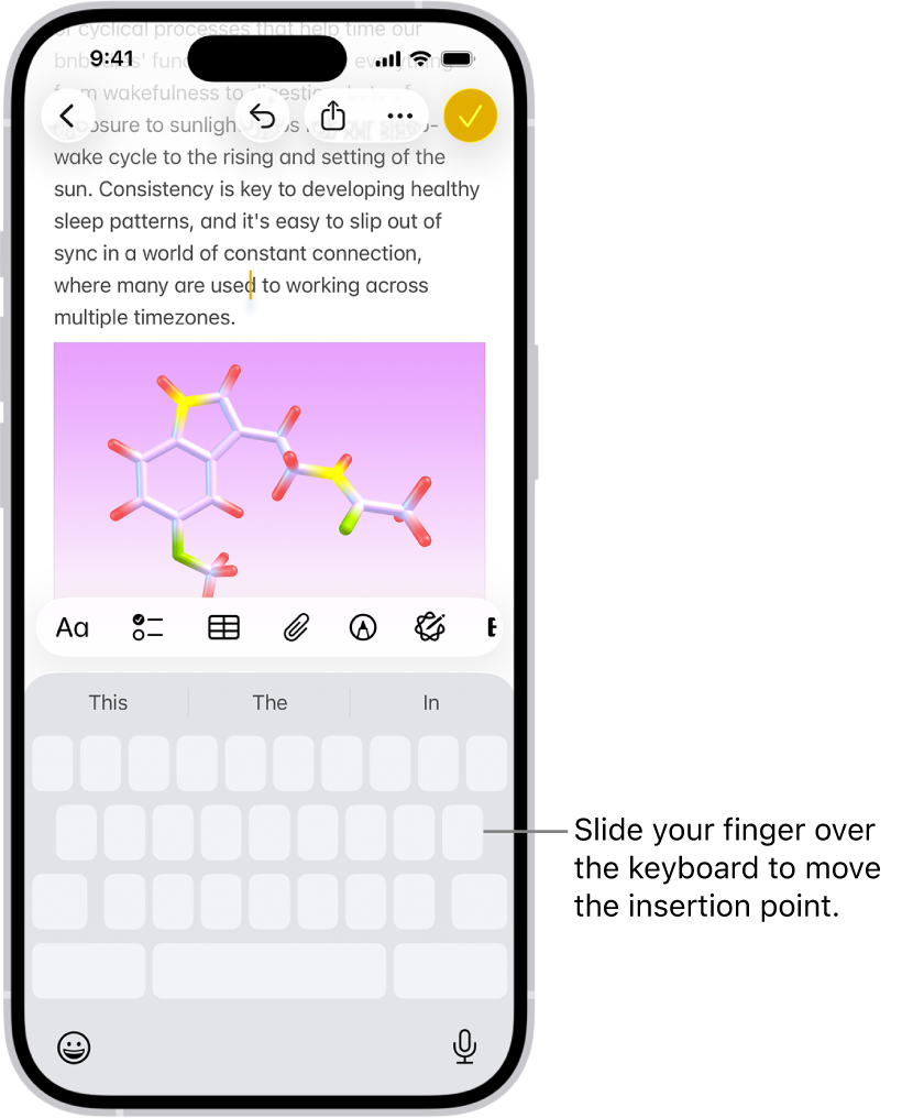 A document is open in the Notes app. The onscreen keyboard in the bottom half of the screen is in trackpad mode.