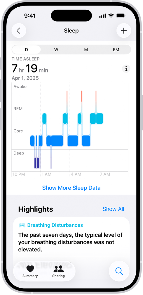 The Sleep screen in Health showing the estimated time spent awake and in REM, Core, and Deep sleep.