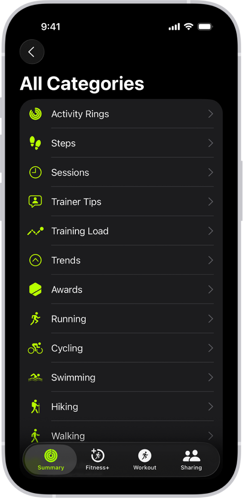 The Fitness screen showing a list of fitness categories.