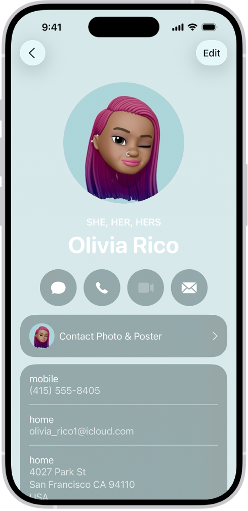 A contact named Olivia Rico with She, Her, and Hers pronouns below the contact photo. Below her name are buttons to send a message, call, mail, and use Apple Pay. At the bottom of the screen are the contact’s mobile number and email address.