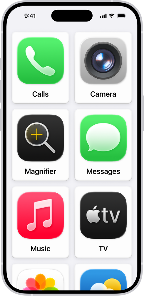 An iPhone showing the Assistive Access Home Screen with a large grid of apps.