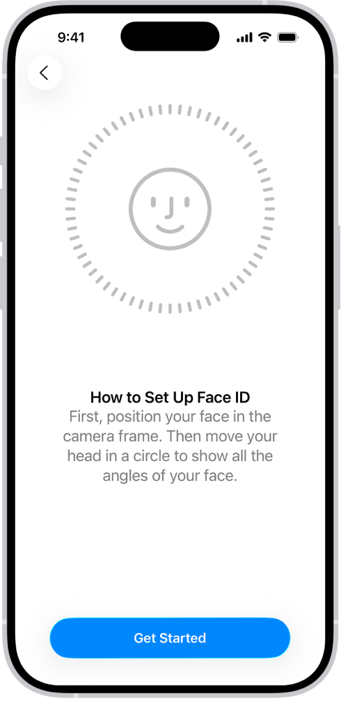The Face ID recognition setup screen. A face is shown on the screen, enclosed in a circle. Text below the face instructs the user to move their head slowly to complete the circle.