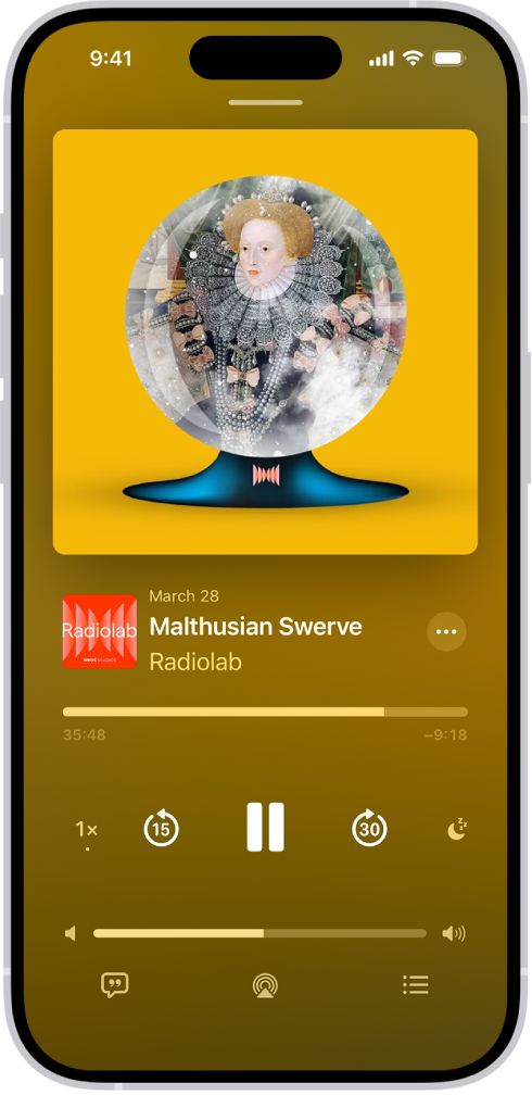 The full-screen player in the Podcasts app, showing the podcast artwork, the episode title, the playback controls, and the volume slider. At the bottom of the tab are the View Transcript button, the AirPlay icon, and the Playing Next button.