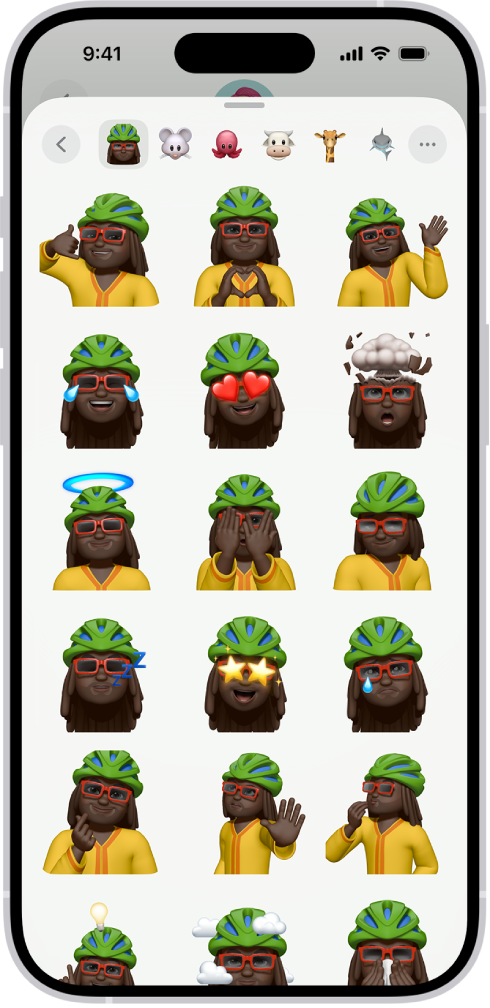 A menu open in a Messages conversation showing a Memoji in many different poses.