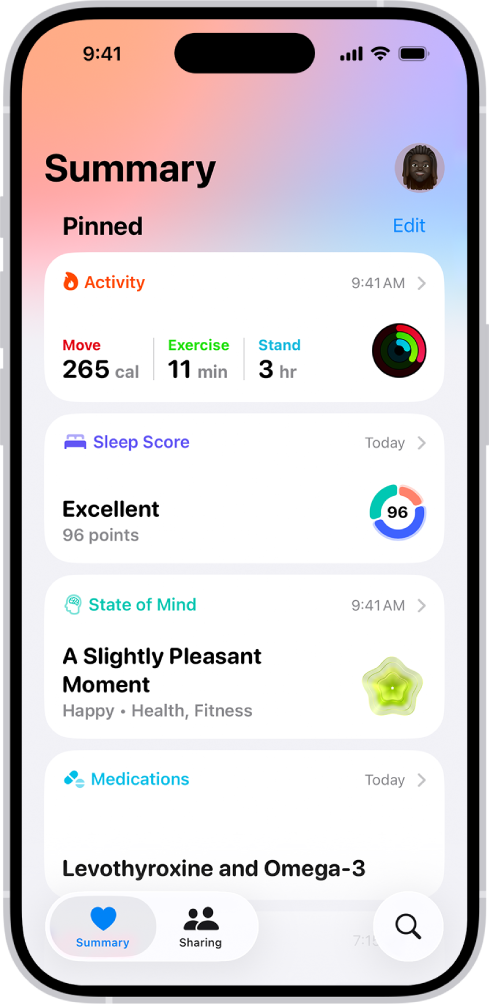 The Summary screen in Health. Information about activity, sleep score, state of mind, and medications appears below Pinned.