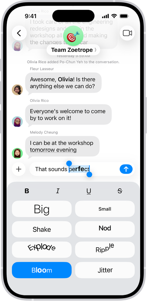A Messages conversation with a new message selected in the text field, and formatting and effects options shown below it. The selected text appears with a preview of the effect.