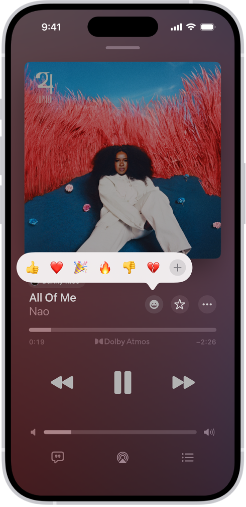 The Now Playing screen with the Reactions button showing several emoji and an Add button that you can click to find more emoji.