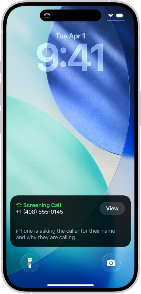An iPhone with a Call Screening notification displayed on the Lock Screen. The notification states that the iPhone is asking the caller for their name and why they are calling.