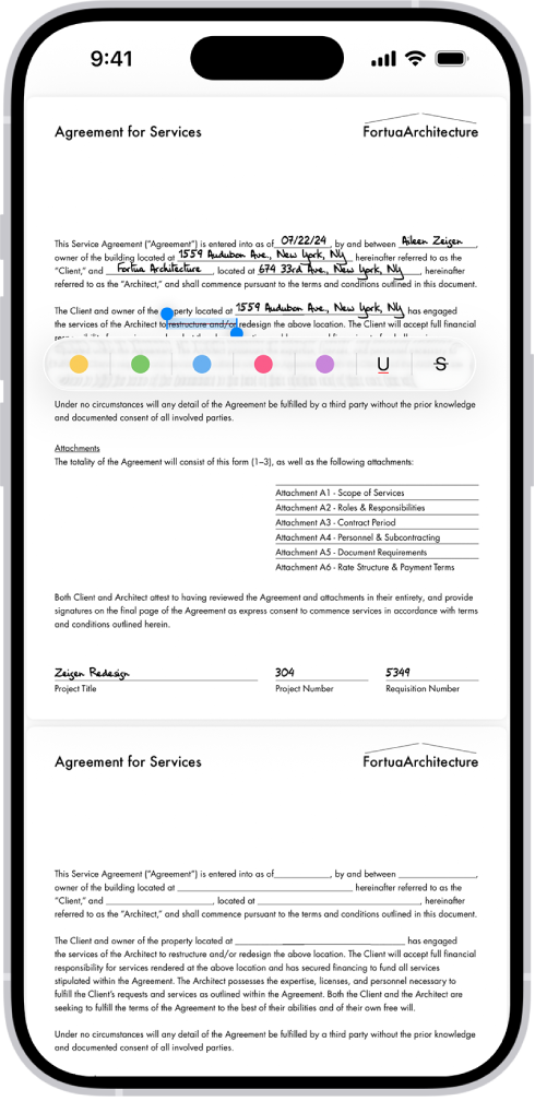 A service agreement PDF in the Preview app with text highlighted and struck through. Highlight, Underline, and Strike Through buttons are shown below the text.