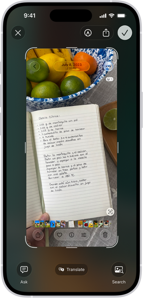 The screenshot screen, with buttons along the top (from left to right) for Close Window, Markup, Share, and Done. Along the bottom (from left to right) are buttons for Ask, Translate, and Search.