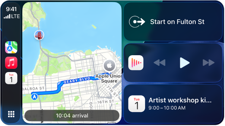 A CarPlay Dashboard showing Maps, Music, and Messages in the Sidebar. On the right is a map of Apple Park, a navigation window, and a now playing window.