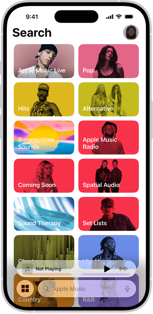 The Search tab showing a search field at the top. Multiple categories of music appear below, such as Hits and Sound Therapy.