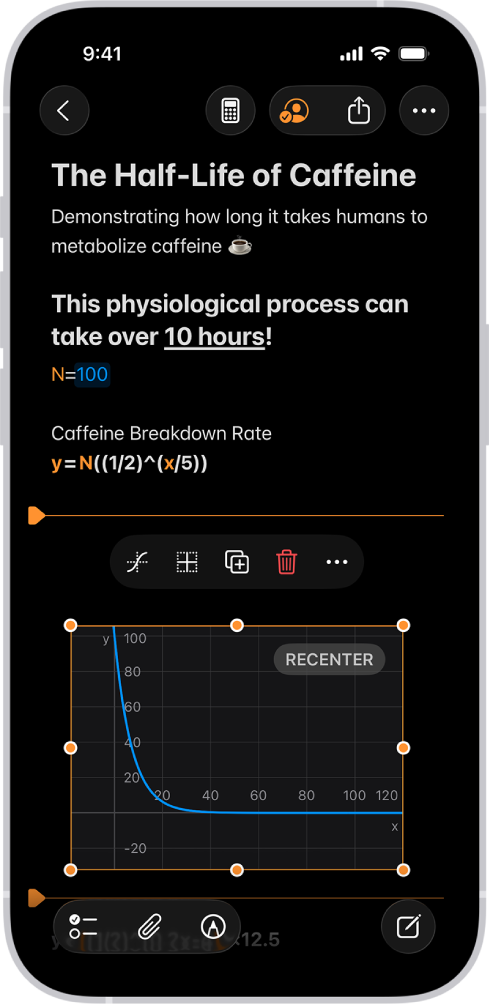 A Math Note open in Calculator, with a declared variable, an equation, and a graph.