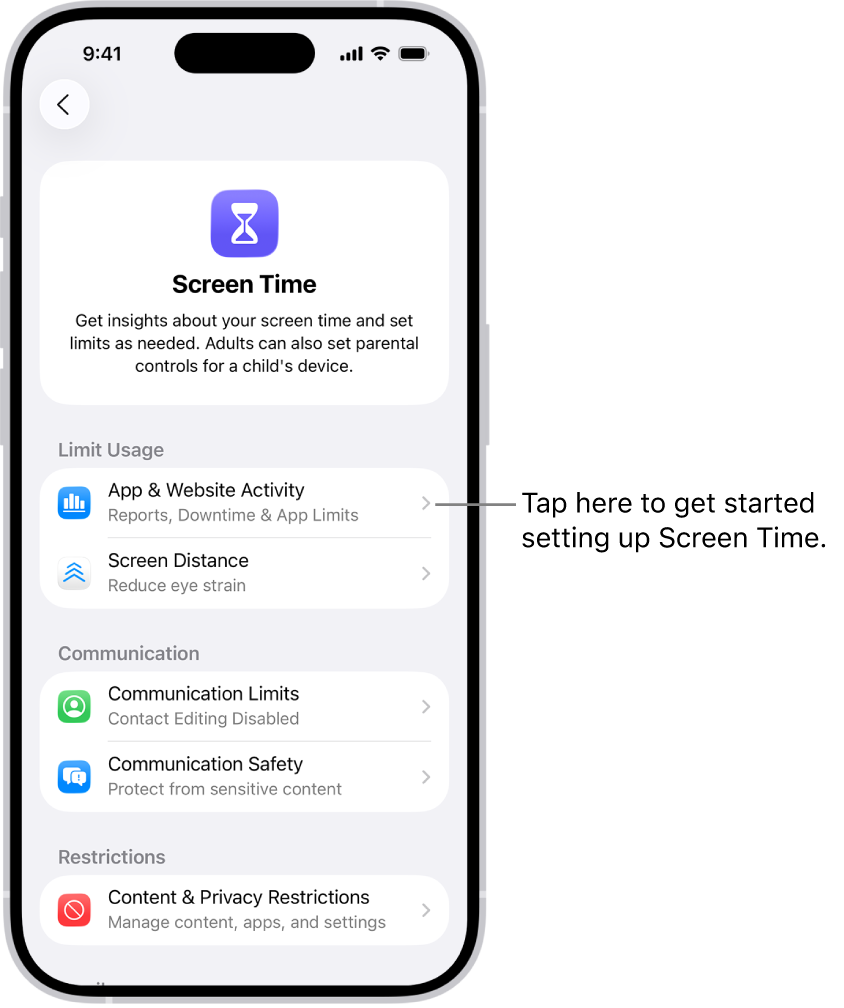 The screen for setting up Screen Time, showing that you tap App & Website Activity to get started.