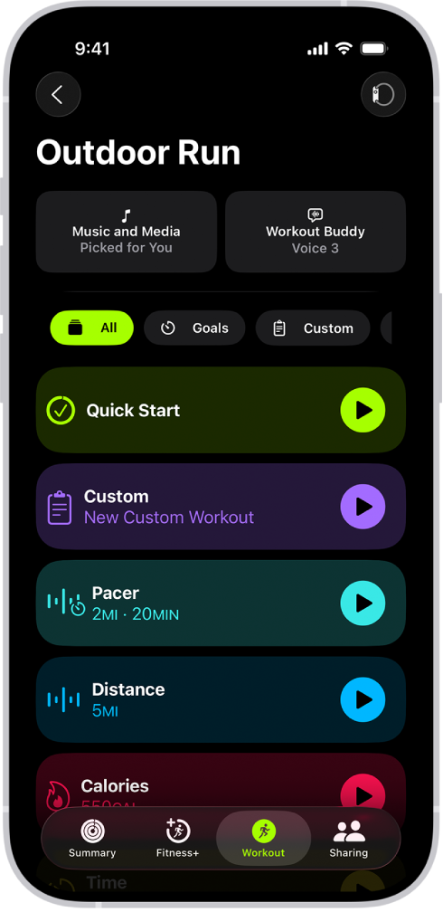 The Fitness Workout screen showing details for an Outdoor Run workout. Below Outdoor Run are options to choose media and set up Workout Buddy. In the center, from top to bottom, are options to start a workout, a custom workout, a pacer workout, and workouts with distance and calorie goals.