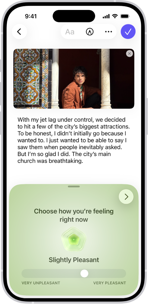 A screen in the Journal app showing an entry with a section at the bottom where you can log your state of mind.