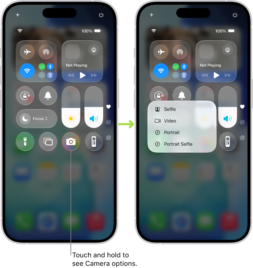 Two Control Center screens side by side—the one on the left shows controls for Airplane Mode, cellular data, Wi-Fi, and Bluetooth in the top-left group. The Camera icon is shown at the bottom right. The screen on the right shows more options in the quick actions menu for Camera: Selfie, Video, Portrait, and Portrait Selfie.