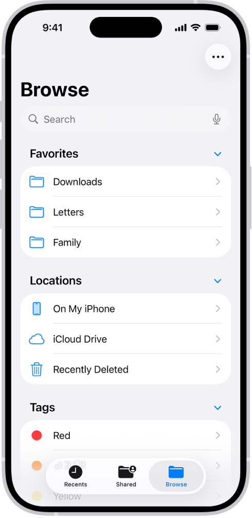 The Files app displaying multiple folders and locations named Downloads, Letters, Family, and so on. At the bottom of the screen are buttons for Recent files, Shared files, and the Browse tab.