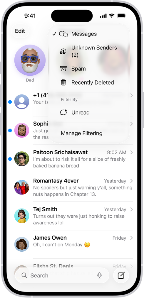 A conversation list in Messages. All messages are shown, because no filter is selected in the Filter menu.