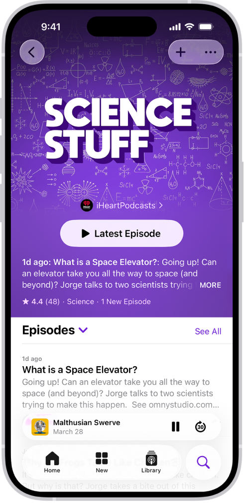 A show page in the Podcasts app showing an episode list. At the top of the screen are the Back, Follow, and More buttons. Toward the bottom of the screen is the MiniPlayer. Below that are the Home, New, Library, and Search buttons.