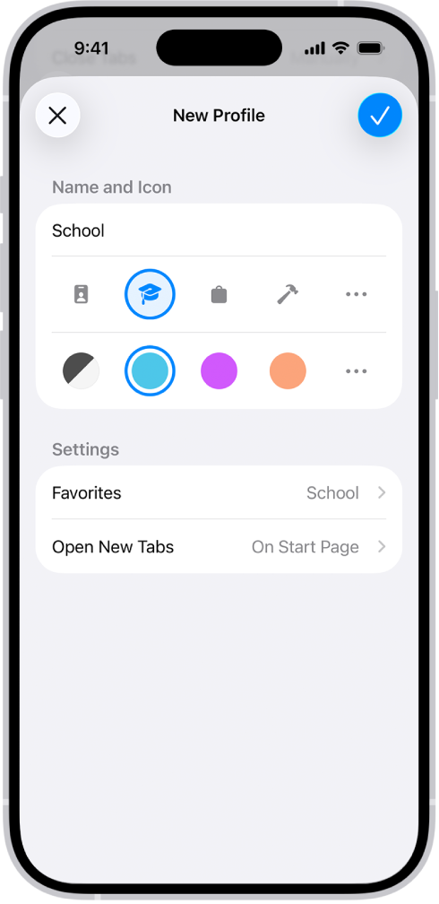 An iPhone screen, showing the setup for a new profile. Options include an icon, color, bookmarks folder, and the page you want new tabs to open to.