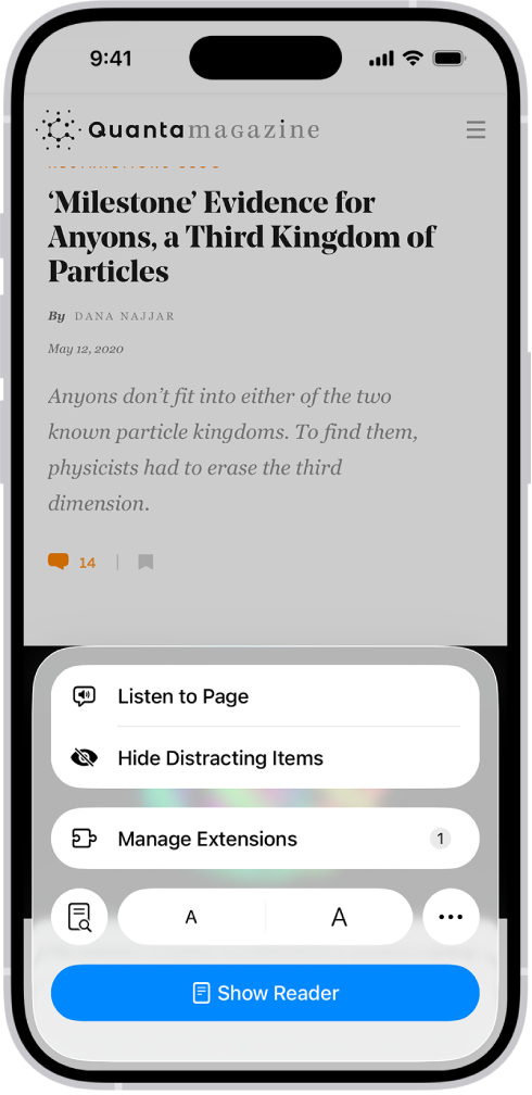A website is open in Safari. The Page Menu button is selected and listening controls are displayed.