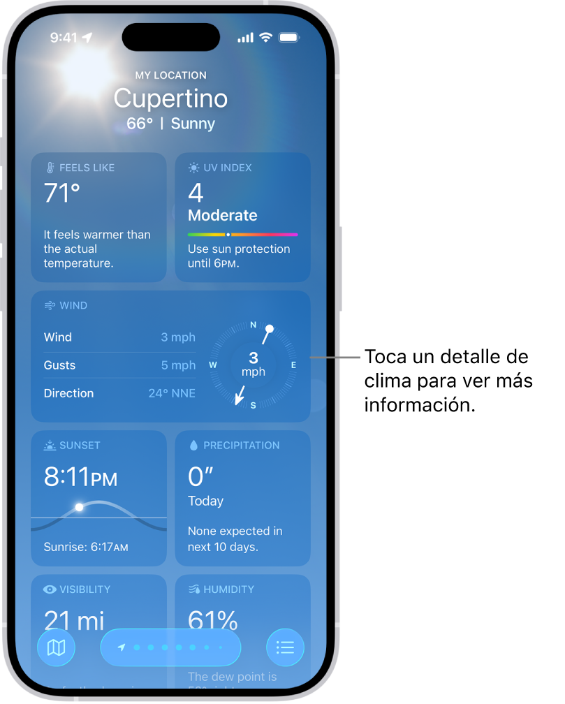 La app Clima mostrando la ubicación actual en la parte superior, y debajo la temperatura actual y las condiciones de clima. El resto de la pantalla contiene detalles del clima, como el índice de rayos UV, viento y precipitación.