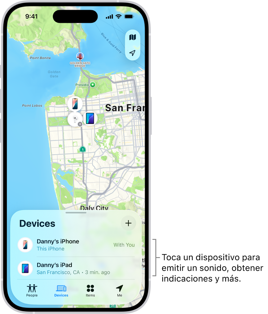 La pantalla de Encontrar abierta mostrando la lista Dispositivos. Se muestran dos dispositivos en la lista Dispositivos: iPhone de Alberto y iPad de Alberto Sus ubicaciones se muestran en un mapa.