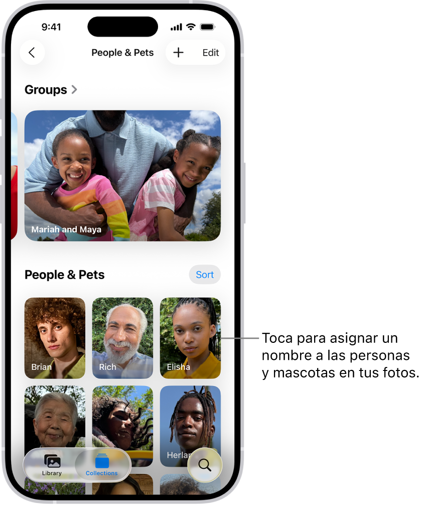 La colección Personas y mascotas en la app Fotos. Los grupos aparecen en la parte superior y las personas y las mascotas aparecen debajo.