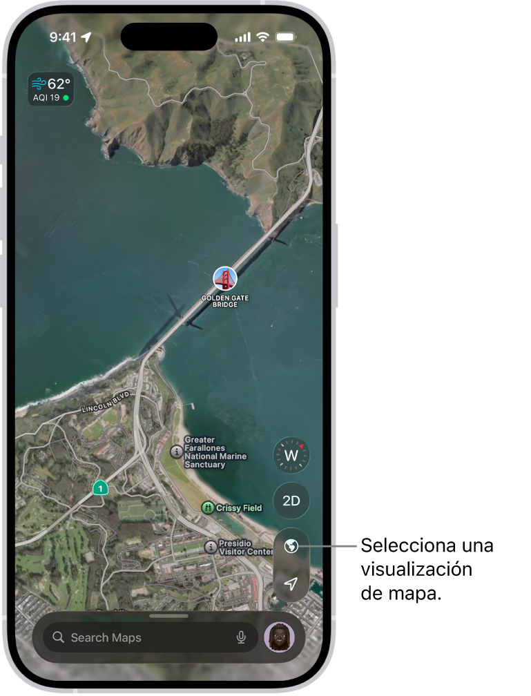 Un mapa en 3D de calles y parques que muestra árboles, puntos de interés y otras ubicaciones, como los baños.