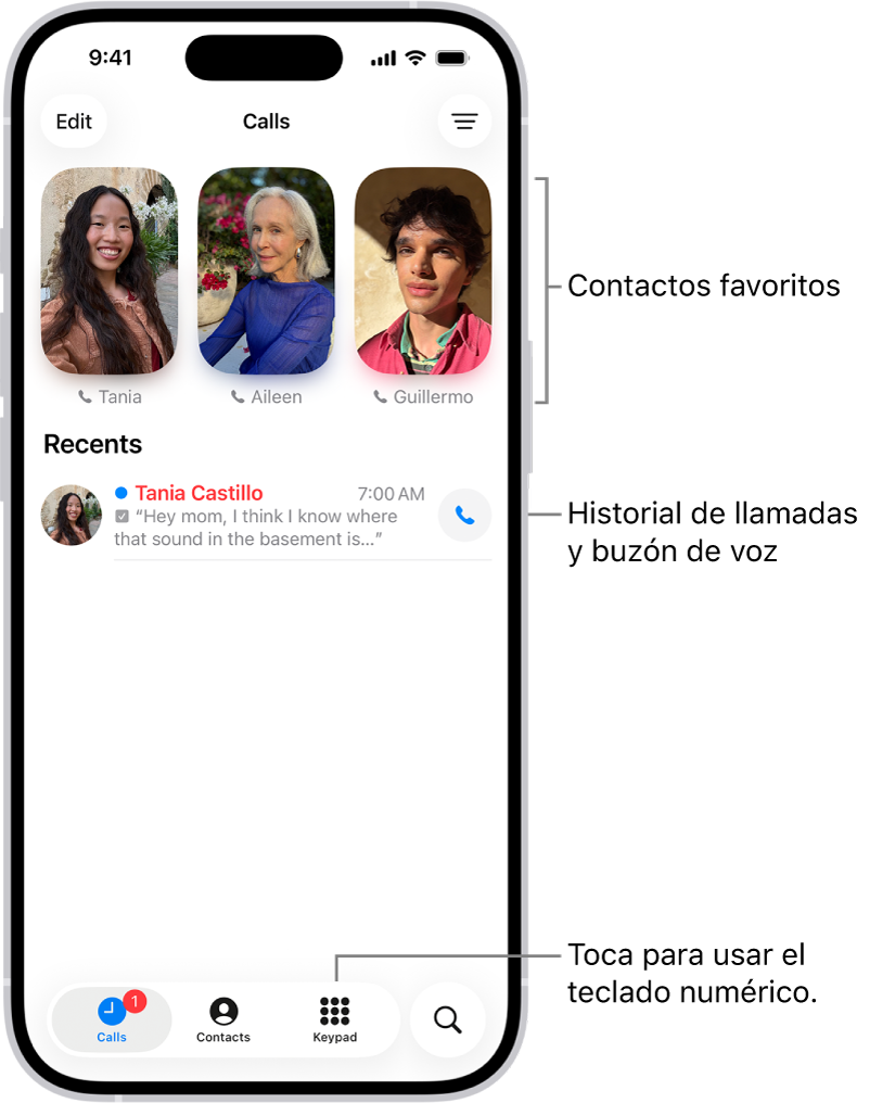 La pestaña Llamadas en la app Teléfono con el diseño unificado. Los contactos favoritos aparecen en la parte superior. Debajo de los favoritos está una lista de llamadas recientes y mensajes de voz. Los botones para ver las pestañas Llamadas, Contactos y Teclado aparecen en la parte inferior de la pantalla. El botón Buscar está en la esquina inferior izquierda.