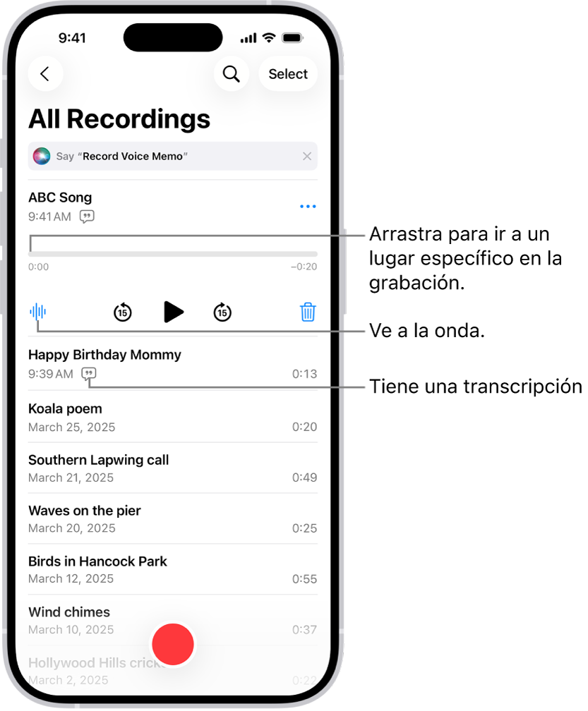 La pantalla de Notas de Voz con una grabación seleccionada en la parte superior. La línea del tiempo de la grabación tiene un cursor de reproducción, que puedes arrastrar para ir a un punto específico de la grabación. Los controles de reproducción se encuentran debajo de la línea del tiempo.