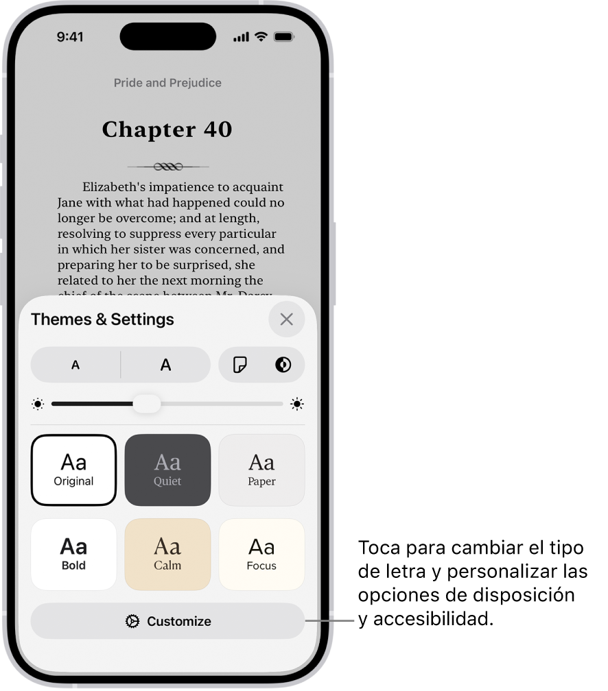 Una página en un libro en la app Libros. Las opciones de temas y configuraciones muestran controles para el tamaño de letra, la visualización de desplazamiento, el estilo de pasar páginas, el brillo y los estilos de tipo de letra.