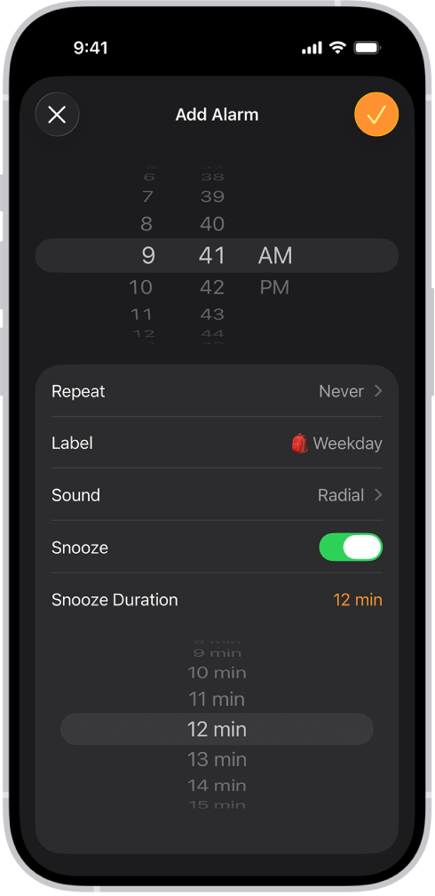 La pantalla Agregar alarma en la app Reloj. El botón Posponer está activado y la duración de la posposición está configurada en un tiempo personalizado de 12 minutos.